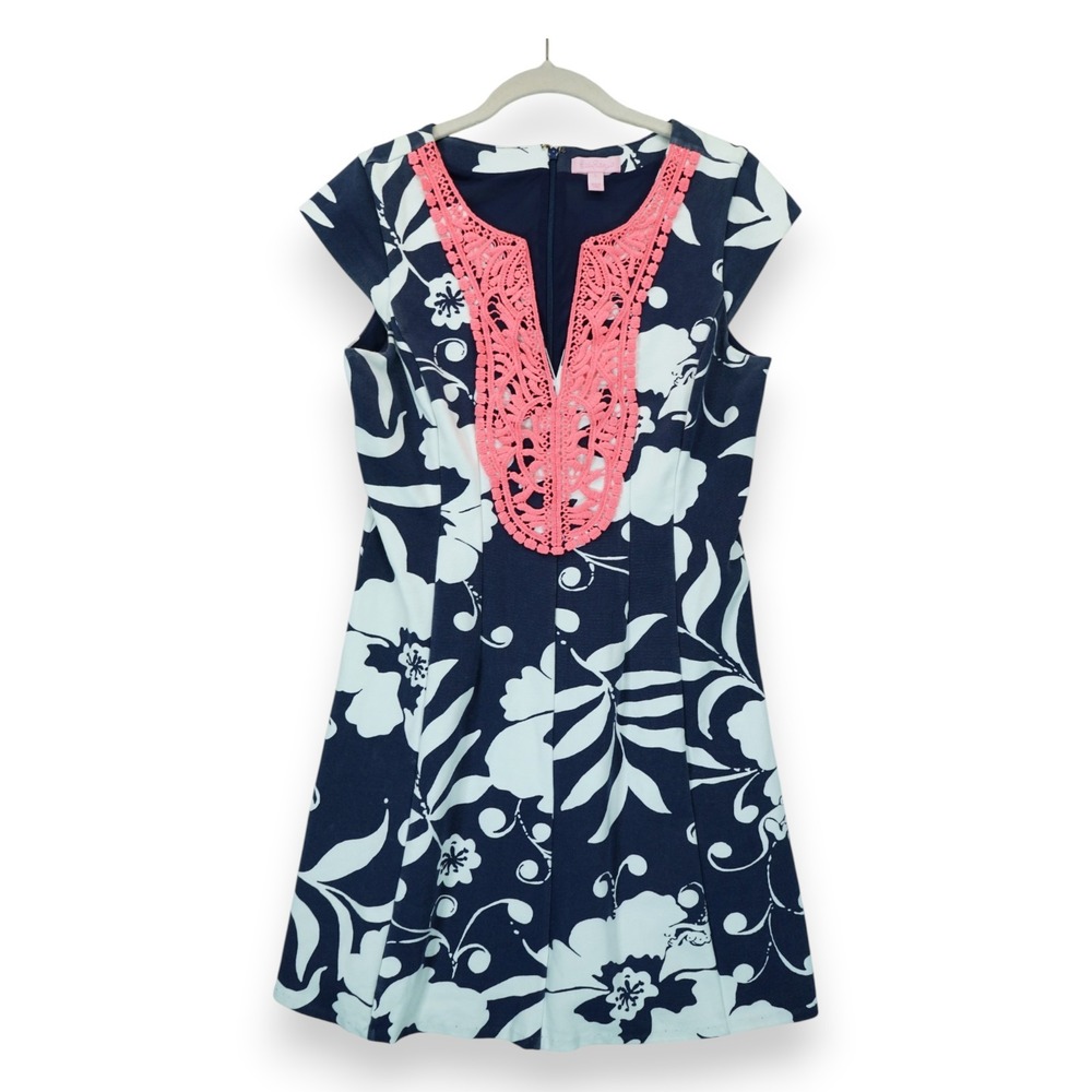 Lilly Pulitzer Women Briella Navy Coral Cap Sleeve Mini Dress Large Deep Vneck